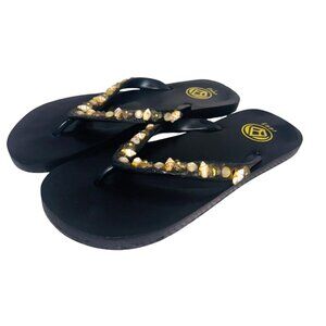 Reef Shells Black Thong Flip Flop Pearl Embellished Beach Resort Summer 8 Sandal